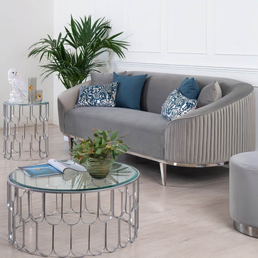 Luxury Lisbon Grey Velvet 3 Seater Sofa - Modern Design, Solid Wood Frame & Sequin Accents - UK Luxury Furniture